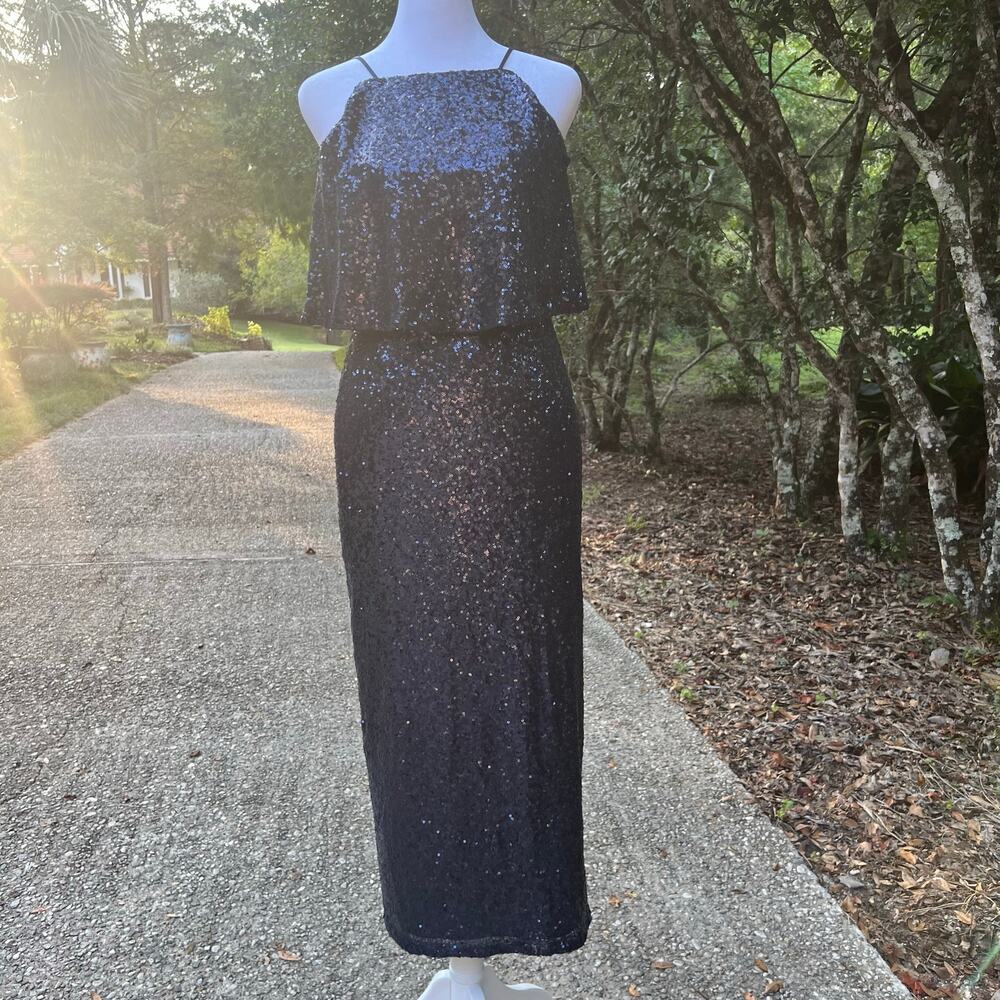 THEIA Navy Blue Sequin Overlay Maxi Gown Dress Size 0 Formal Evening